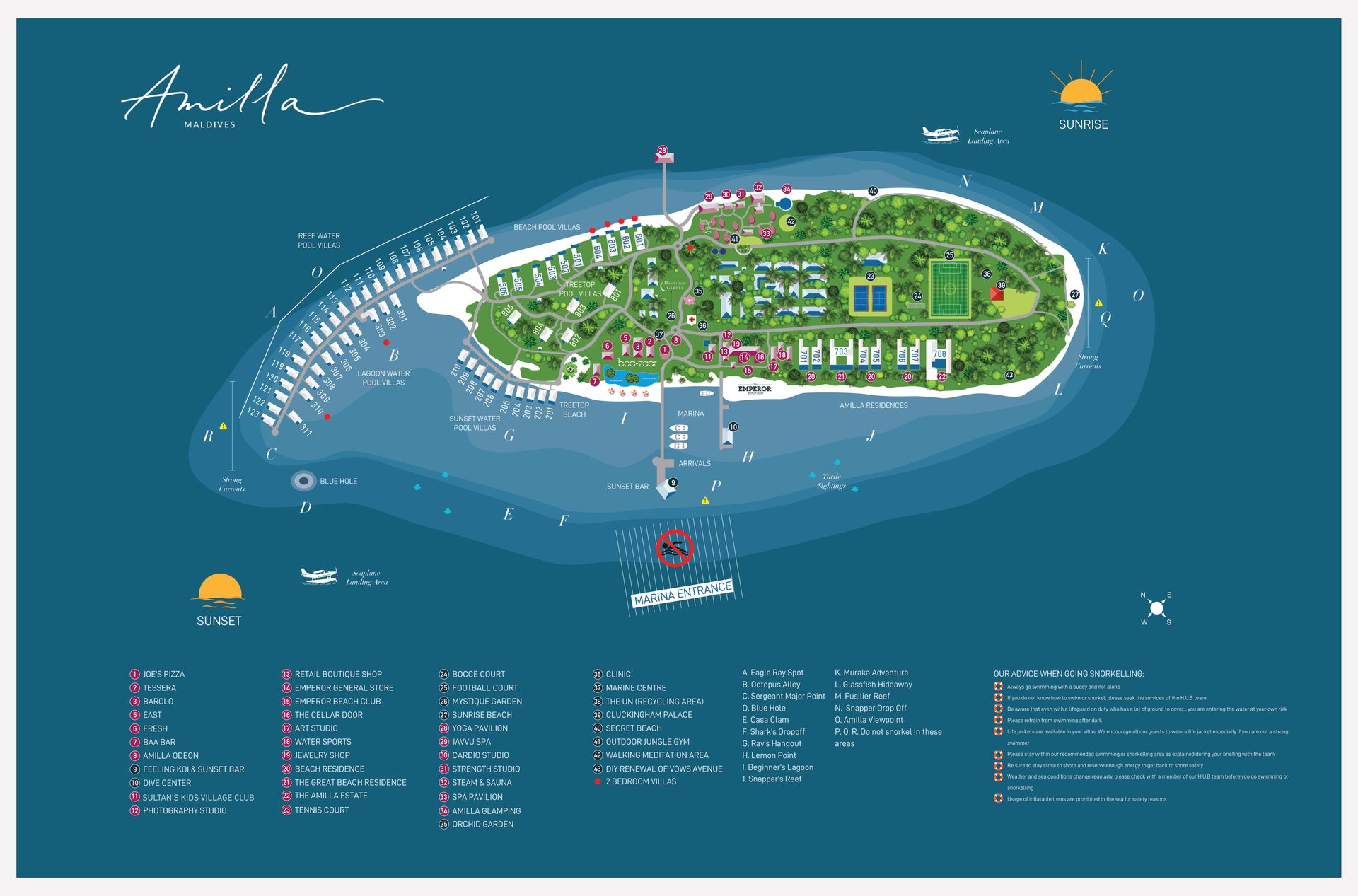 Amilla Maldives resort map showing villa categories, dining and facilities