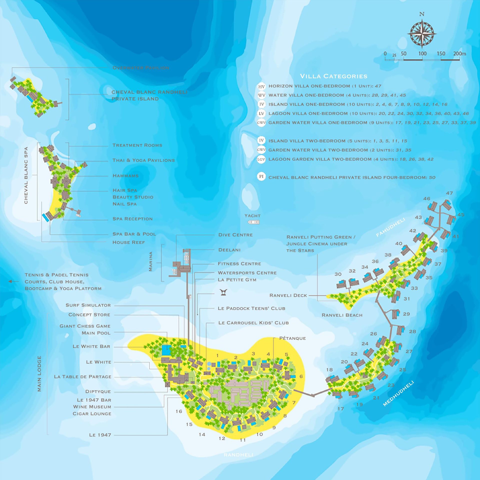 Cheval Blanc Randheli resort map showing villa categories, dining and facilities
