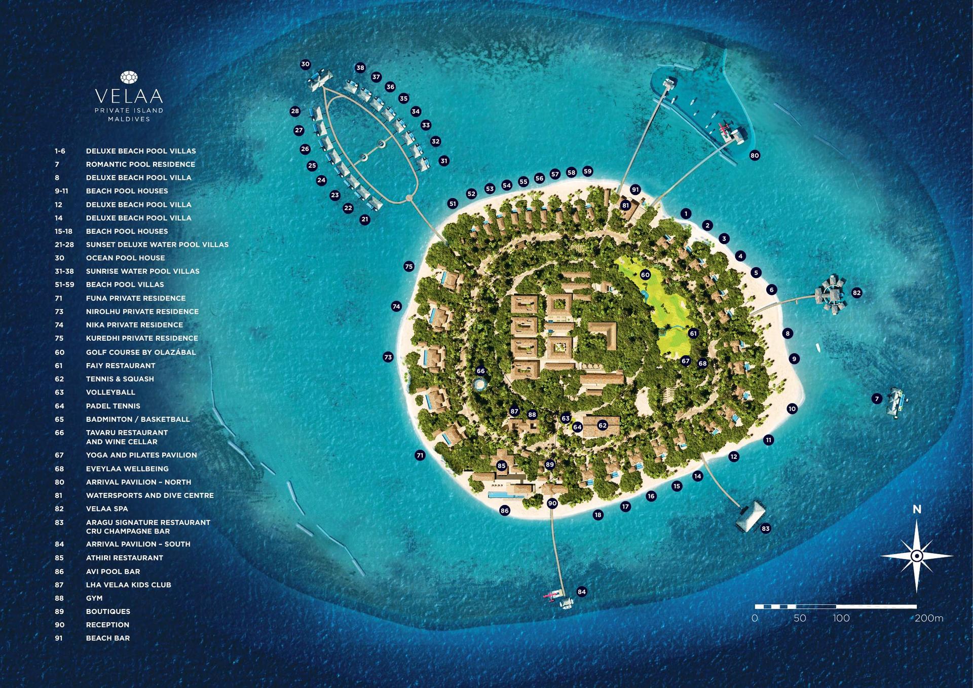 Velaa Private Island resort map showing villa categories, dining and facilities