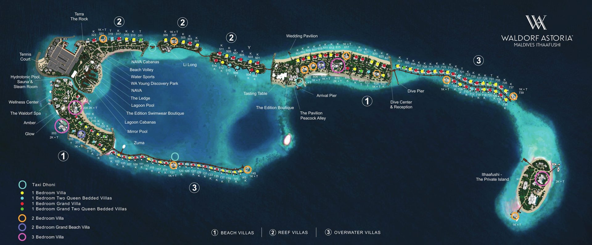 Waldorf Astoria Maldives Ithaafushi resort map showing villa categories, dining and facilities